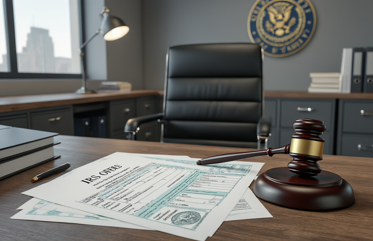 Create a realistic image of a modern IRS office setting with an official government desk featuring tax forms, documents, and a gavel symbolizing decision-making authority, with filing cabinets and official government seals visible in the background, professional lighting with a serious and authoritative mood, absolutely NO text should be in the scene.