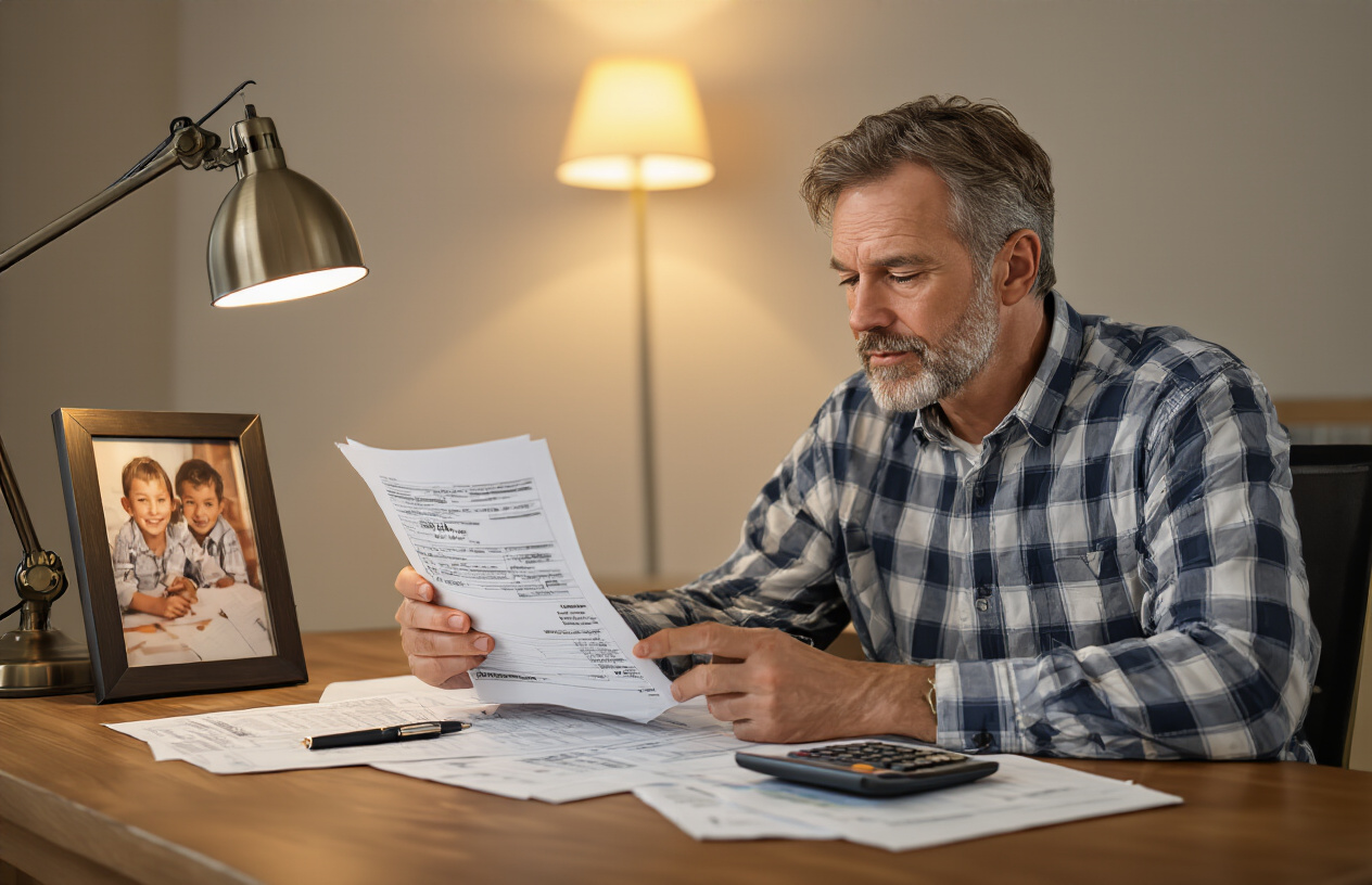 Create a realistic image of a white male parent in business casual attire sitting at a wooden desk reviewing tax documents and forms, with a framed photo of his children nearby, a calculator and pen on the desk, warm indoor lighting from a table lamp, conveying a thoughtful and focused mood as he works on tax preparation in a home office setting, absolutely NO text should be in the scene.