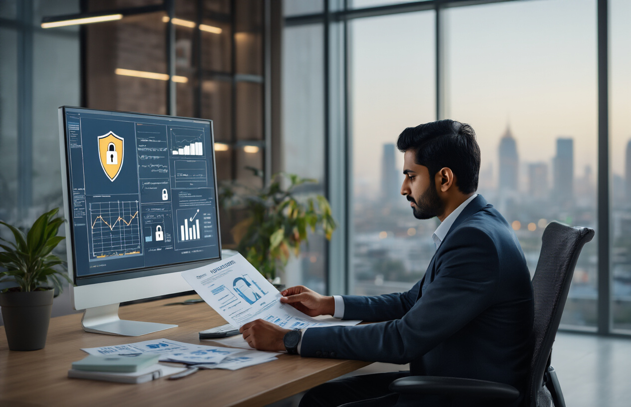 Create a realistic image of a modern Indian office setting with a South Asian male professional in business attire sitting at a desk reviewing documents and data charts on a computer screen, with visual elements representing data privacy (shield icons, lock symbols) and financial compliance (banking documents, regulatory papers) subtly integrated into the scene, featuring contemporary office furniture, glass windows showing an urban Indian cityscape in the background, professional lighting with warm tones creating a focused work atmosphere, absolutely NO text should be in the scene.