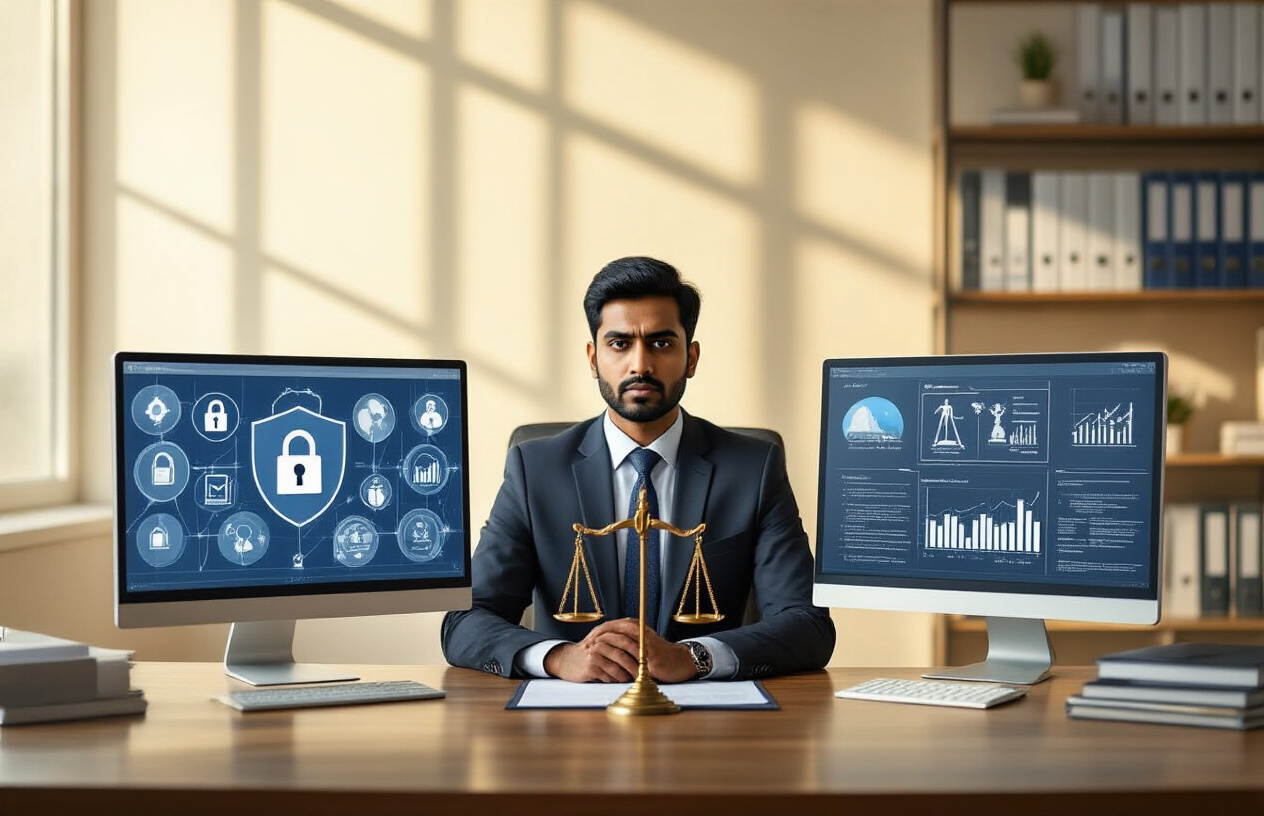Create a realistic image of a professional Indian business setting showing a South Asian male compliance officer in a suit sitting at a modern desk with dual computer monitors displaying conflicting data - one screen showing privacy protection symbols like locks and shields, the other showing AML compliance charts and regulatory documents, with a scale of justice positioned between the monitors symbolizing the balance between competing obligations, warm office lighting creating dramatic shadows that emphasize the tension, corporate office background with legal books and regulatory folders on shelves, serious contemplative mood, absolutely NO text should be in the scene.