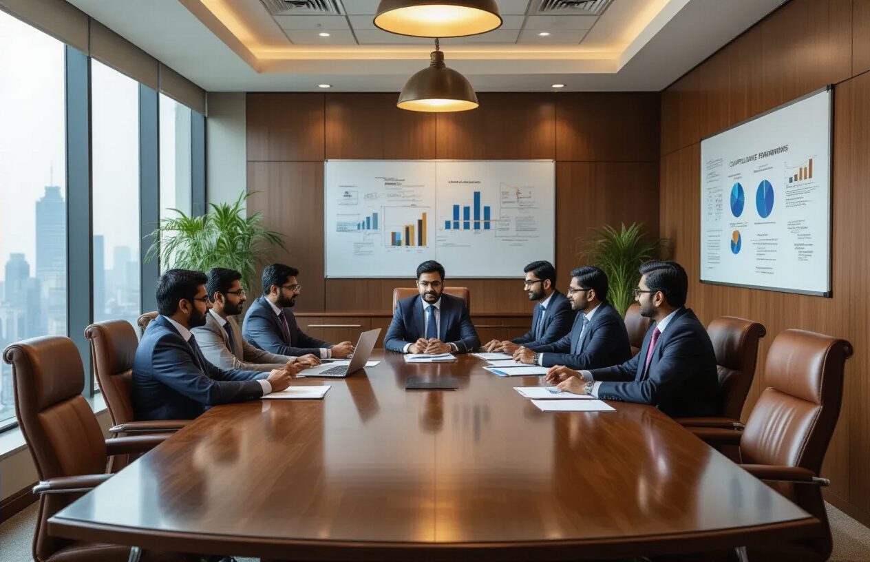 Create a realistic image of a modern Indian office boardroom with a large wooden conference table surrounded by leather chairs, featuring a diverse group of Indian business professionals in formal attire sitting around the table engaged in discussion, with documents and laptops spread across the table, a whiteboard on the wall displaying charts and diagrams related to compliance frameworks, warm professional lighting from overhead fixtures and large windows showing a city skyline, creating a collaborative and solution-focused atmosphere. Absolutely NO text should be in the scene.