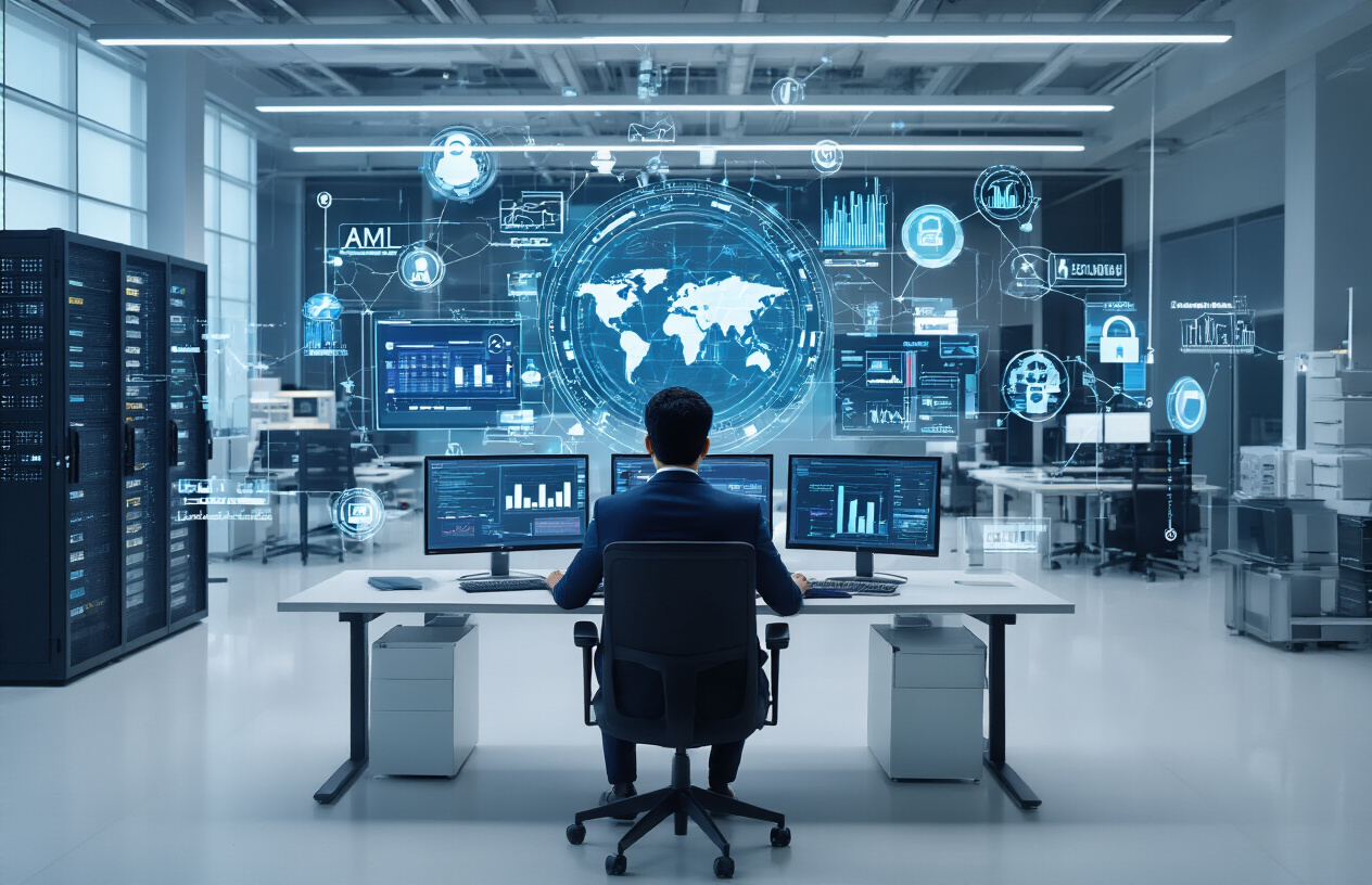 Create a realistic image of a modern office setting with multiple computer screens displaying data analytics dashboards, compliance monitoring systems, and privacy protection interfaces, featuring an Indian male technology professional in business attire working at a high-tech workstation with dual monitors showing AML compliance software and data privacy controls, surrounded by servers, network equipment, and digital security icons floating holographically in the air, with a clean corporate environment, bright LED lighting, and a futuristic atmosphere that conveys technological innovation and regulatory compliance, absolutely NO text should be in the scene.