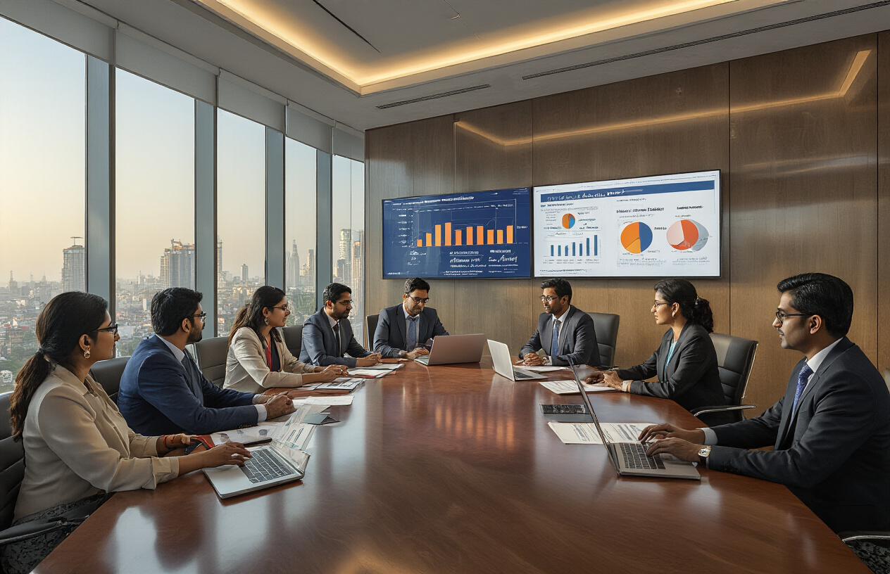 Create a realistic image of a modern Indian corporate boardroom with diverse Indian business professionals of mixed genders sitting around a polished conference table, with laptops open and documents spread out, large wall-mounted screens displaying organizational charts and compliance frameworks, warm professional lighting, glass walls showing a bustling Indian cityscape in the background, conveying a sense of strategic planning and capability building, absolutely NO text should be in the scene.