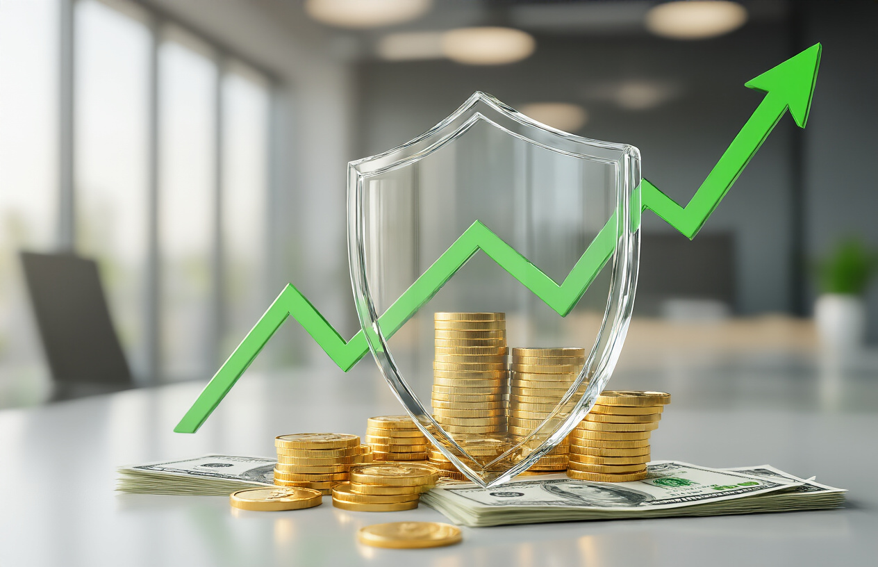 Create a realistic image of a professional financial concept showing a protective shield made of transparent glass or crystal material covering stacks of gold coins and dollar bills, with upward trending green arrow graphs floating above the protected money, set against a clean modern office background with soft natural lighting, conveying security and growth, absolutely NO text should be in the scene. Create a realistic image of a professional financial concept showing a protective shield made of transparent glass or crystal material covering stacks of gold coins and dollar bills, with upward trending green arrow graphs floating above the protected money, set against a clean modern office background with soft natural lighting, conveying security and growth, absolutely NO text should be in the scene.