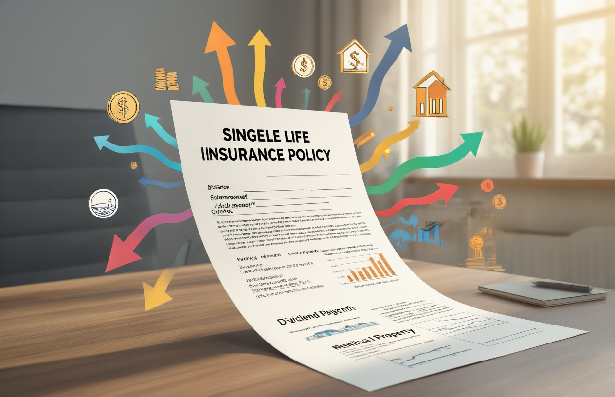 Create a realistic image of a professional financial concept visualization showing a single life insurance policy document at the center with multiple colorful arrows flowing outward to different income sources including dividend payments, cash value growth charts, rental property icons, and investment symbols, set against a clean modern office desk with soft natural lighting from a window, featuring a warm and optimistic mood that conveys financial growth and diversification, absolutely NO text should be in the scene. Create a realistic image of a professional financial concept visualization showing a single life insurance policy document at the center with multiple colorful arrows flowing outward to different income sources including dividend payments, cash value growth charts, rental property icons, and investment symbols, set against a clean modern office desk with soft natural lighting from a window, featuring a warm and optimistic mood that conveys financial growth and diversification, absolutely NO text should be in the scene.