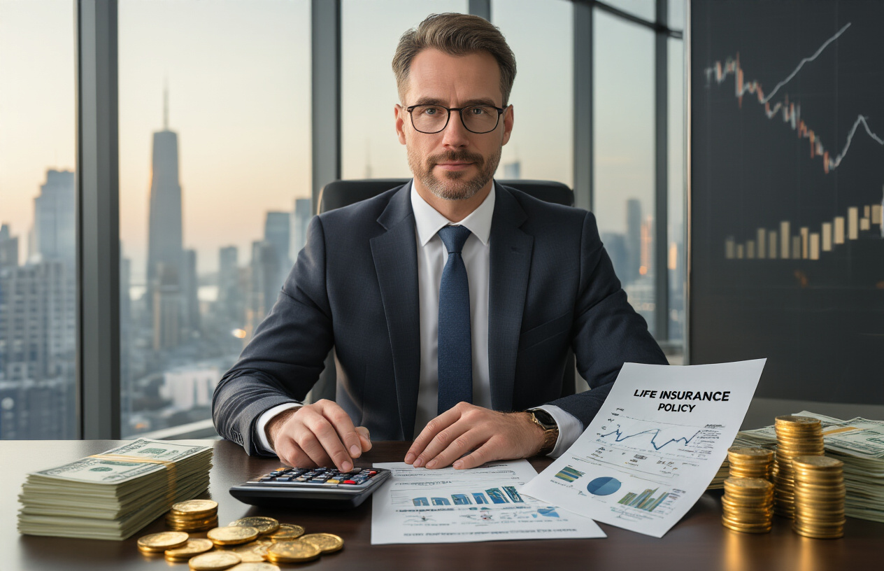 Create a realistic image of a professional white male financial advisor in a business suit sitting at a modern office desk with a calculator, life insurance policy documents, and investment charts showing upward growth trends, with stacks of money and gold coins strategically placed around the desk to symbolize wealth multiplication, set in a sleek contemporary office with large windows showing a city skyline, warm professional lighting creating an atmosphere of success and prosperity, absolutely NO text should be in the scene. Create a realistic image of a professional white male financial advisor in a business suit sitting at a modern office desk with a calculator, life insurance policy documents, and investment charts showing upward growth trends, with stacks of money and gold coins strategically placed around the desk to symbolize wealth multiplication, set in a sleek contemporary office with large windows showing a city skyline, warm professional lighting creating an atmosphere of success and prosperity, absolutely NO text should be in the scene.