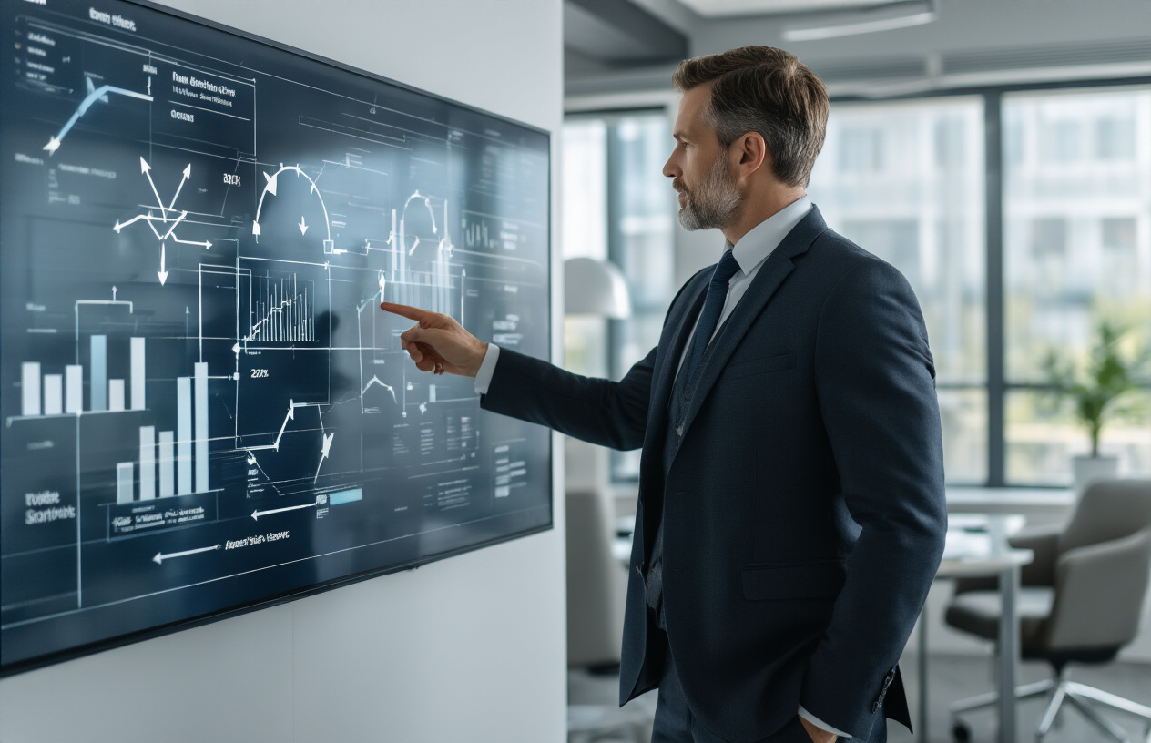 Create a realistic image of a professional white male financial advisor in a modern office setting, pointing to a sophisticated chart or diagram on a wall-mounted display that shows interconnected arrows, graphs, and policy structures representing strategic wealth-building pathways, with the advisor wearing a crisp business suit, the office featuring sleek furniture, natural lighting from large windows, and a confident, focused atmosphere that conveys expertise in financial planning and wealth acceleration strategies, absolutely NO text should be in the scene. Create a realistic image of a professional white male financial advisor in a modern office setting, pointing to a sophisticated chart or diagram on a wall-mounted display that shows interconnected arrows, graphs, and policy structures representing strategic wealth-building pathways, with the advisor wearing a crisp business suit, the office featuring sleek furniture, natural lighting from large windows, and a confident, focused atmosphere that conveys expertise in financial planning and wealth acceleration strategies, absolutely NO text should be in the scene.