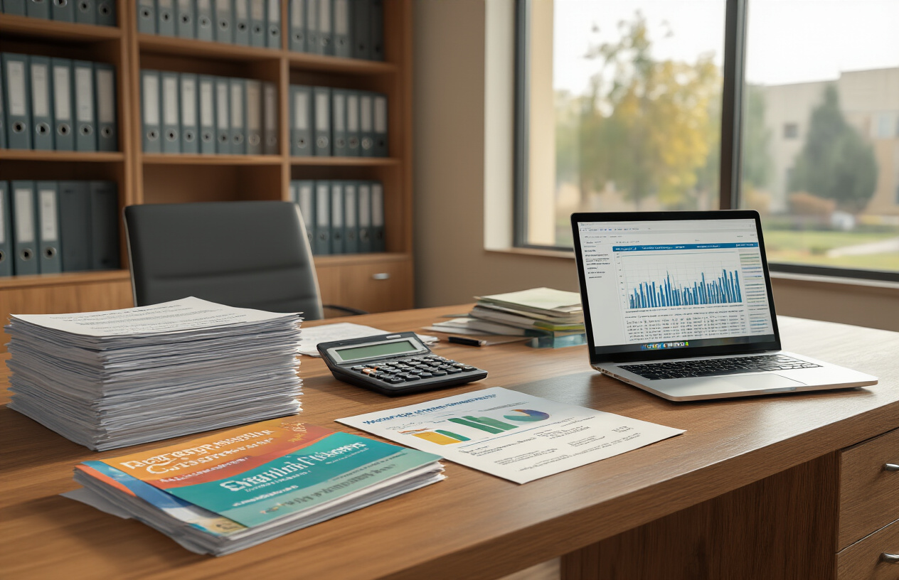 Create a realistic image of a modern university administrative office with a clean wooden desk displaying organized stacks of academic fee documents, colorful program brochures spread across the surface, a calculator, and a laptop computer showing spreadsheet data, with filing cabinets containing academic records in the background, warm professional lighting creating a welcoming educational atmosphere, and a Pakistani university campus visible through large windows, absolutely NO text should be in the scene.