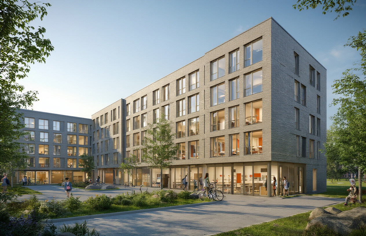 Create a realistic image of a modern university dormitory building exterior with multiple floors and windows, showing a clean hostel complex with landscaped grounds, featuring dormitory rooms visible through some windows with beds and study desks, a parking area in front, and students' belongings like bicycles near the entrance, set during daytime with clear lighting and a welcoming campus atmosphere, absolutely NO text should be in the scene.