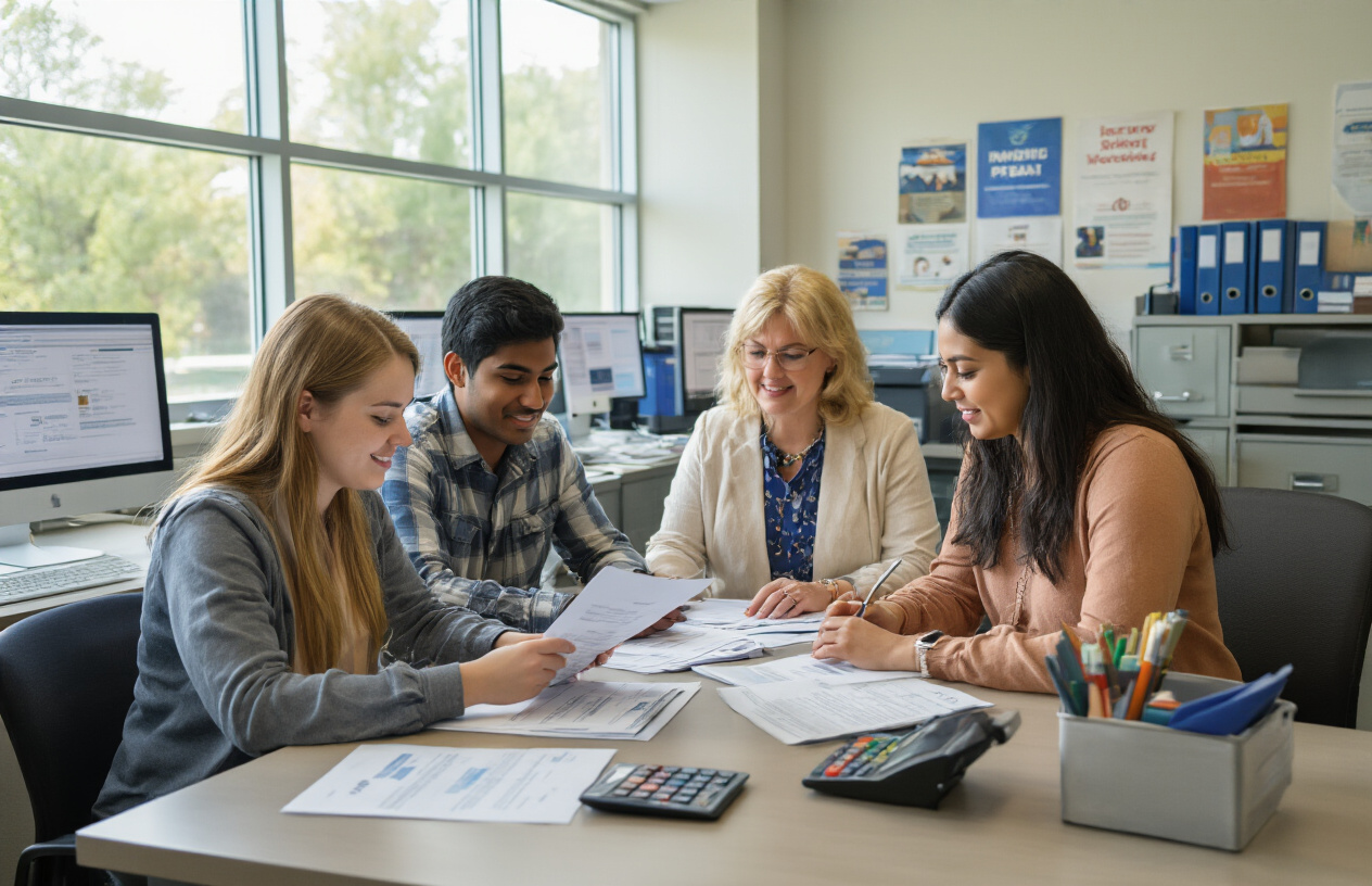 Create a realistic image of a university financial aid office scene showing a diverse group of students - including white female, black male, and South Asian female students - sitting at desks reviewing financial documents and payment plans with a middle-aged white female advisor, modern office setting with computers, filing cabinets, university brochures, calculator, and educational posters on walls, bright natural lighting from large windows, professional and supportive atmosphere, absolutely NO text should be in the scene.