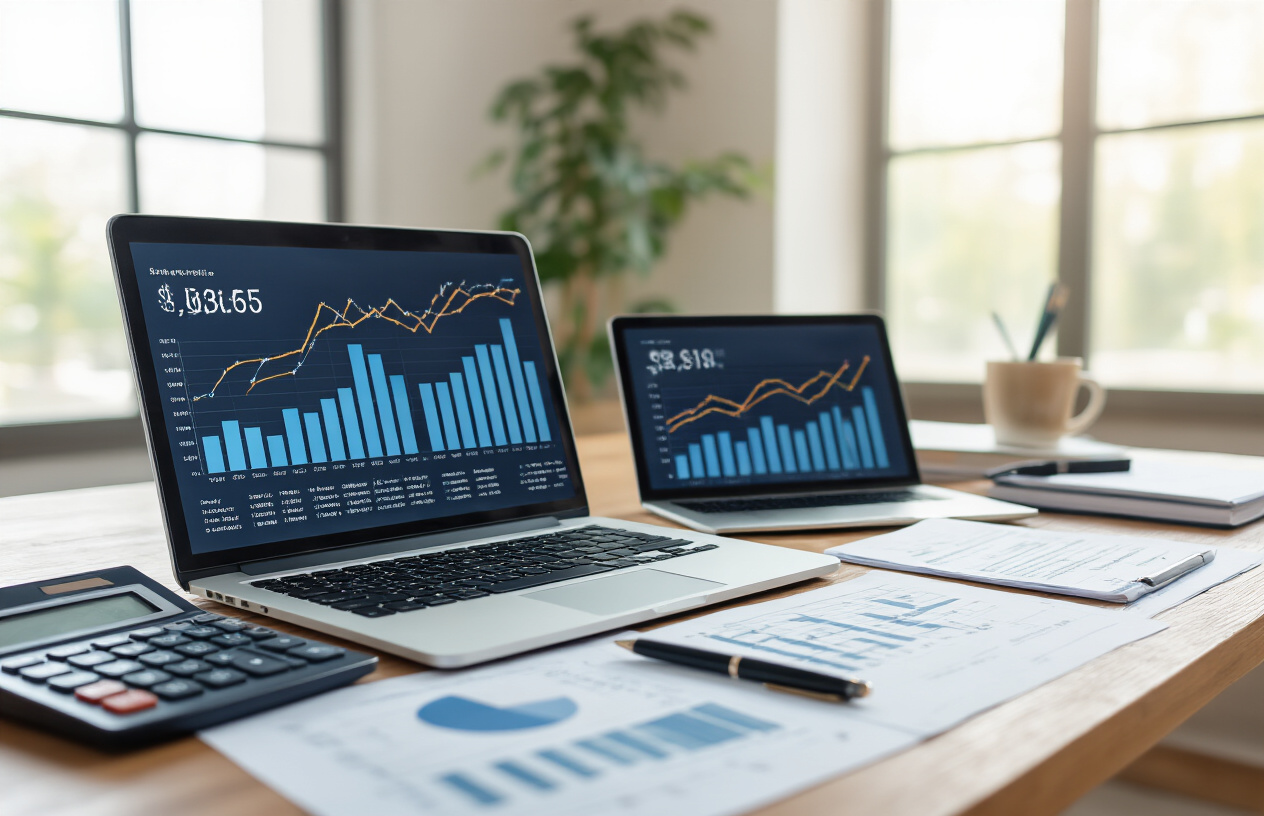 Create a realistic image of a clean, modern office desk with multiple bar charts and line graphs displayed on papers and a laptop screen showing financial data trends over several years, with a calculator, pen, and organized financial documents spread across the wooden desk surface, soft natural lighting from a nearby window creating a professional academic administrative atmosphere, absolutely NO text should be in the scene.