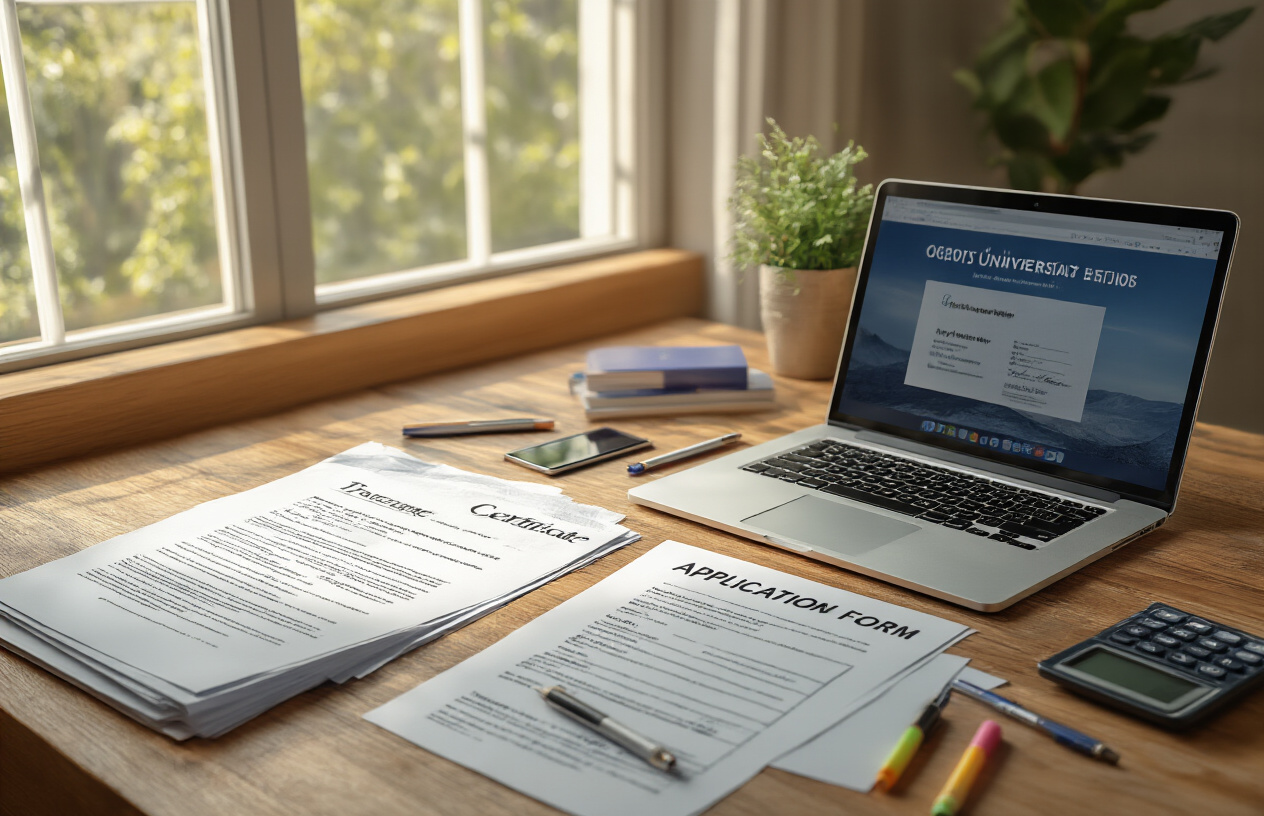 Create a realistic image of academic documents spread on a wooden desk including transcripts, certificates, and application forms with a checklist nearby, a laptop computer displaying an educational website, scattered pens and highlighters, official university brochures, and a calculator, all arranged in an organized study environment with warm natural lighting from a window, soft shadows creating depth, and a professional academic atmosphere. Absolutely NO text should be in the scene.