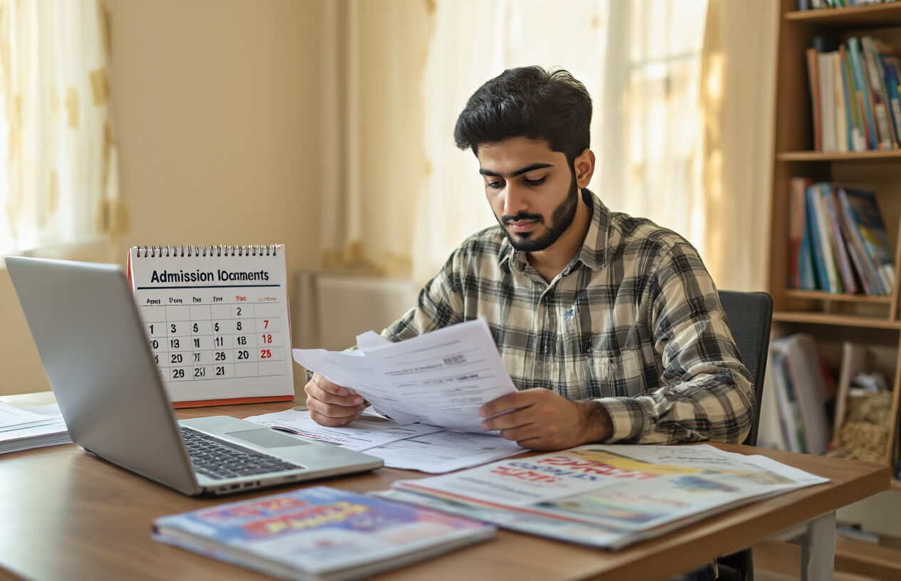 Create a realistic image of a Pakistani male student sitting at a desk with admission documents, application forms, and a calendar showing deadline dates, surrounded by university brochures and a laptop computer, in a well-lit study room with warm natural lighting from a window, conveying a focused and organized atmosphere for university application preparation, absolutely NO text should be in the scene.