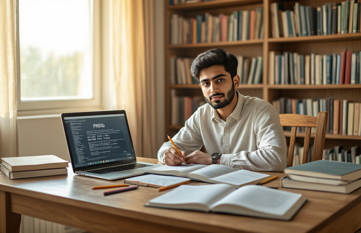 Create a realistic image of a Pakistani male student sitting at a wooden desk in a well-lit study room, surrounded by open textbooks, notebooks filled with handwritten notes, and exam preparation materials scattered across the surface, with a laptop displaying practice test questions, pencils and highlighters nearby, bookshelves filled with academic books in the background, warm natural lighting from a window, creating a focused and determined studying atmosphere, absolutely NO text should be in the scene.