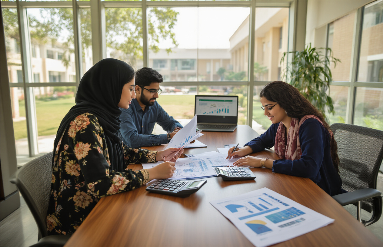 Create a realistic image of Pakistani university students sitting at a modern consultation desk with a female South Asian financial advisor reviewing documents and fee structure charts, with calculator and laptop on the wooden desk, bright office environment with university campus visible through large windows in the background, professional and supportive atmosphere with warm natural lighting, absolutely NO text should be in the scene.