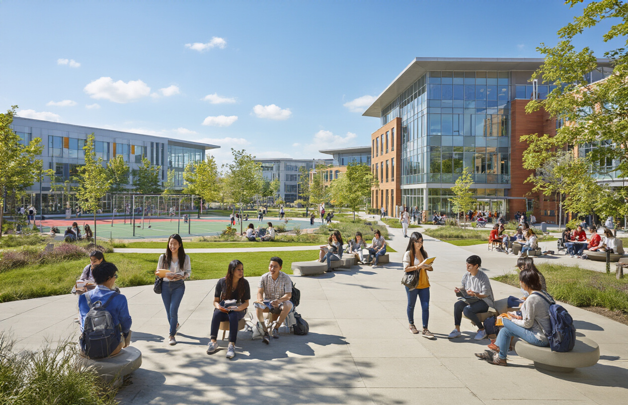 Create a realistic image of a vibrant university campus showing diverse students of different races and genders (Asian, white, black, male and female students) walking and sitting in modern outdoor spaces with contemporary academic buildings, well-maintained gardens, recreational facilities including sports courts and cafeteria areas visible in the background, bright daylight with clear blue sky, students carrying books and laptops while socializing and studying in groups, showcasing a welcoming and active campus environment, absolutely NO text should be in the scene.