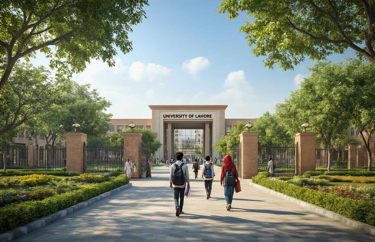 Create a realistic image of the University of Lahore campus main entrance gate with modern architecture, featuring the university building facade in the background, lush green landscaping with trees and well-maintained gardens, a clear blue sky with soft natural lighting, and a few diverse students (including South Asian male and female students) walking towards the entrance carrying books and backpacks, creating an welcoming and academic atmosphere that represents successful university admission and new beginnings, absolutely NO text should be in the scene.
