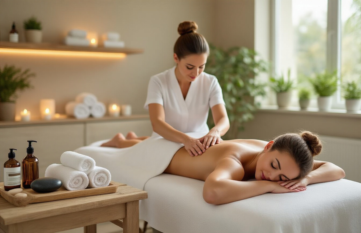Create a realistic image of a serene spa treatment room showing a professional white female massage therapist performing a full body massage on a relaxed white female client lying face down on a massage table covered with white linens, with essential oil bottles, smooth massage stones, and rolled towels arranged on a nearby wooden shelf, soft ambient lighting creating a peaceful atmosphere, neutral earth-tone walls, and potted plants in the background to emphasize wellness and relaxation techniques, absolutely NO text should be in the scene.