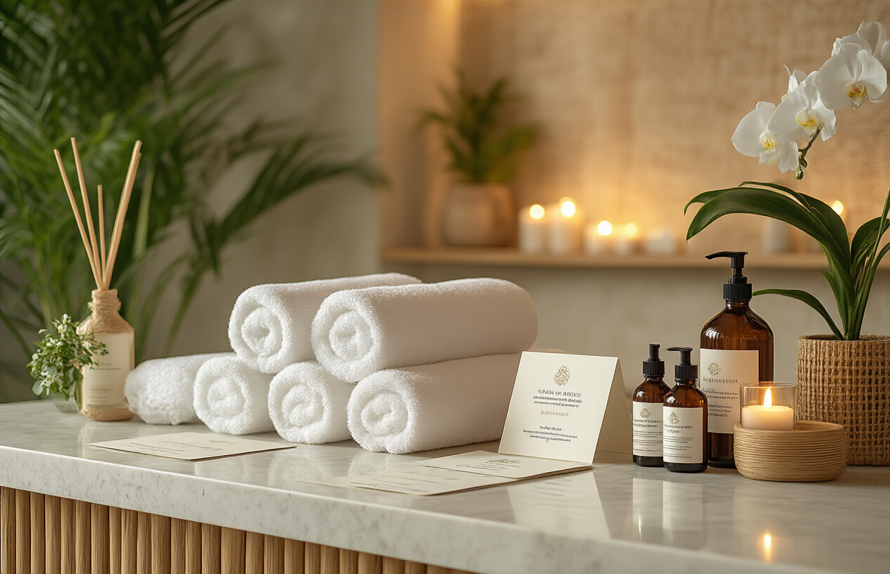 Create a realistic image of an elegant spa reception desk with luxury promotional materials and gift certificates displayed, featuring rolled towels, essential oil bottles, and bamboo elements in the background, soft warm lighting creating a serene atmosphere, premium spa package brochures and vouchers artfully arranged on a marble counter surface, with tropical plants and candles adding to the luxurious wellness ambiance, absolutely NO text should be in the scene.