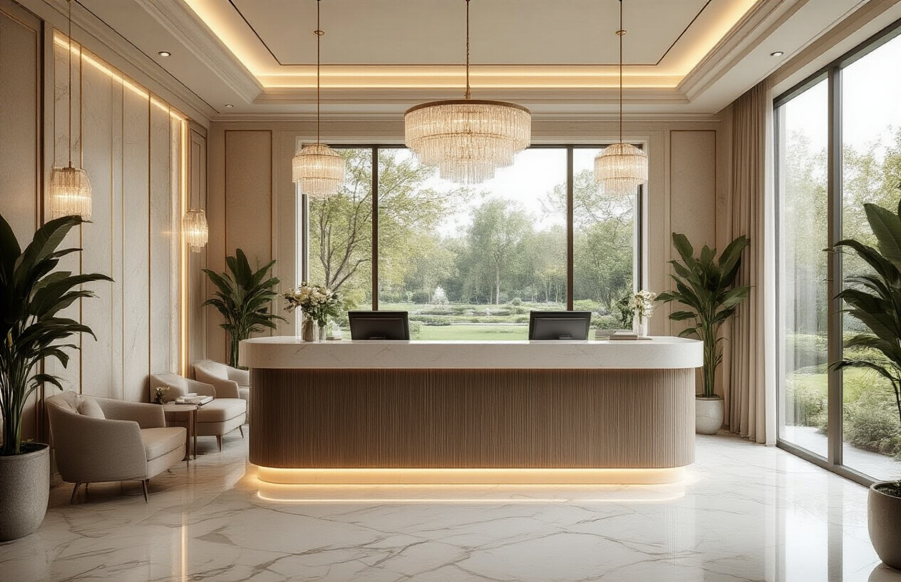 Create a realistic image of an elegant spa reception desk with a modern computer and booking system, showing a luxurious hotel lobby interior with marble floors, comfortable seating areas, large windows revealing a well-maintained garden view, warm ambient lighting from chandeliers, potted plants as decorative elements, and a sleek concierge counter, conveying a welcoming and accessible atmosphere for spa bookings, absolutely NO text should be in the scene.