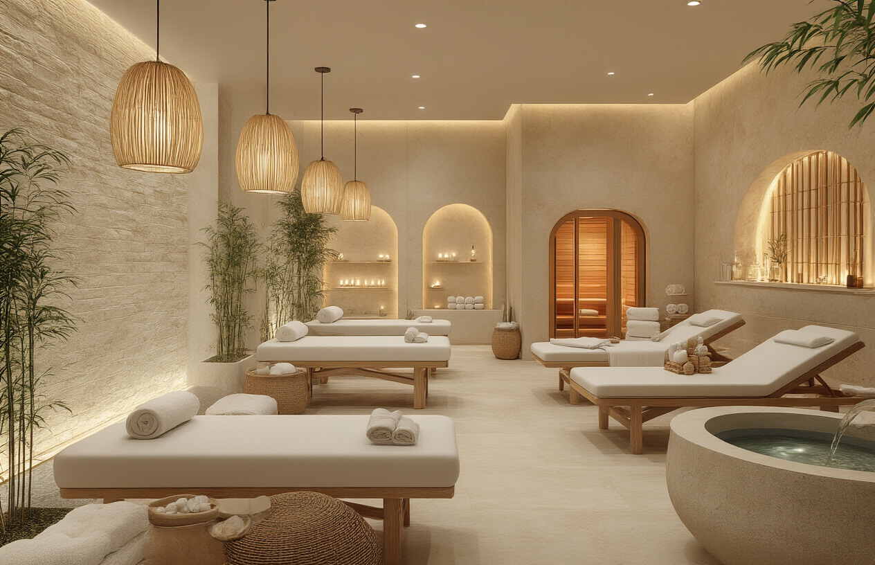 Create a realistic image of a luxurious spa wellness center interior showcasing various comprehensive wellness services with a serene zen-like atmosphere, featuring elegant treatment rooms with yoga mats, meditation cushions, aromatherapy stations with essential oil diffusers, healthy organic smoothie bar, relaxation loungers, soft ambient lighting from warm pendant lamps, natural stone walls, bamboo plants, flowing water fountain, premium wellness equipment including infrared sauna entrance, and calming earth-tone color palette with cream and beige tones, absolutely NO text should be in the scene.