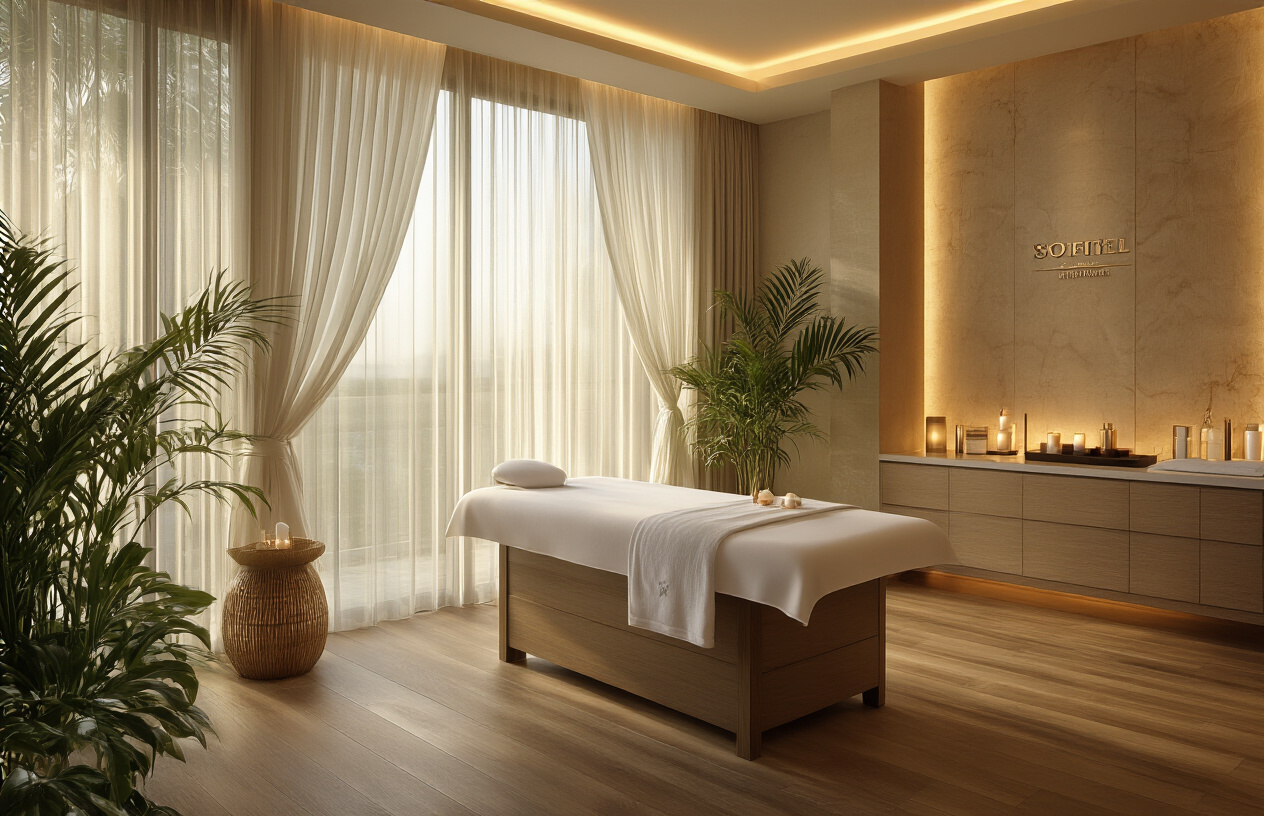 Create a realistic image of a luxurious spa interior at Sofitel wellness center featuring a serene massage room with elegant decor, soft ambient lighting, plush massage table with fresh white linens, aromatic candles, tropical plants, premium spa amenities neatly arranged, warm golden lighting creating a peaceful atmosphere, polished wooden floors, and subtle luxury hotel branding elements in the background, captured from a wide angle perspective that showcases the complete wellness experience and upscale ambiance. Absolutely NO text should be in the scene.