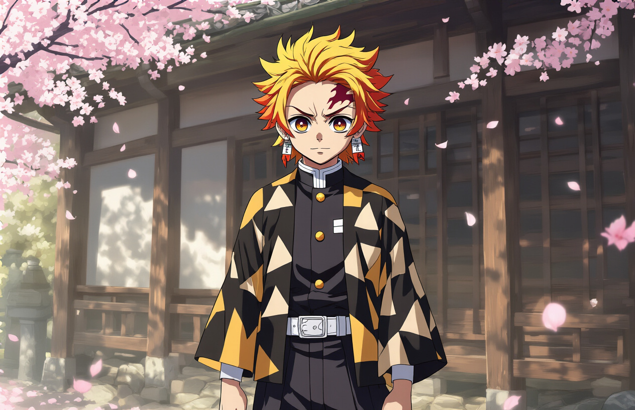 Create a realistic image of Zenitsu Agatsuma from Demon Slayer anime, a young Japanese male with distinctive yellow and orange hair, wearing his black and gold demon slayer uniform with white triangle patterns, standing in a confident pose against a traditional Japanese backdrop with wooden architecture and soft natural lighting, showcasing his youthful appearance as a teenager, with cherry blossom petals gently falling in the background, absolutely NO text should be in the scene.
