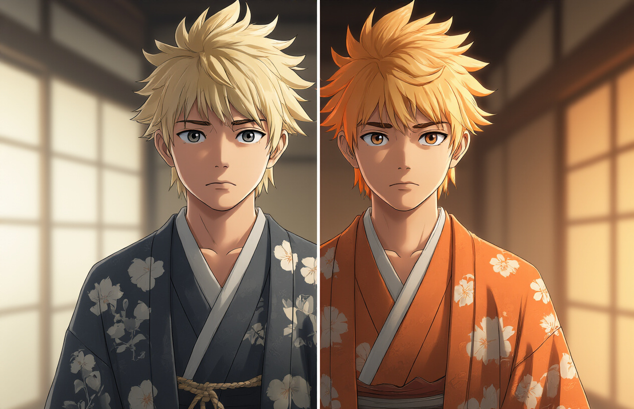 Create a realistic image of a young Asian male character with blonde hair and orange highlights in traditional Japanese clothing, shown in a split-screen composition displaying his progression from a timid, fearful expression on the left to a confident, determined expression on the right, with subtle aging details like slightly more defined facial features, set against a soft gradient background transitioning from darker tones on the left to brighter, warmer tones on the right, symbolizing growth and maturation, with gentle lighting that emphasizes the character development transformation, absolutely NO text should be in the scene.