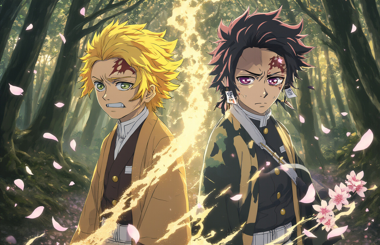 Create a realistic image of a young Japanese male warrior with yellow hair in traditional demon slayer uniform, shown in a split composition depicting his growth from a fearful teenager on the left to a more confident young adult on the right, with subtle aging progression visible in his facial features and posture, set against a mystical forest background with soft golden lighting transitioning from dim on the left to bright on the right, symbolizing character development through time, with flowing sakura petals and ethereal energy effects surrounding the figure to represent his spiritual journey, absolutely NO text should be in the scene.