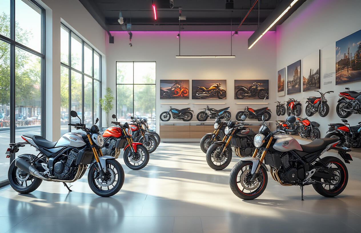 Create a realistic image of a modern Indian motorcycle showroom interior with multiple new 2025 model bikes displayed on polished floors, featuring sleek sports bikes, cruisers, and commuter motorcycles with colorful LED lighting highlighting each vehicle, glass windows showing urban Indian street view in background, professional showroom atmosphere with clean white walls and contemporary design elements, bright daylight streaming through large windows creating dynamic shadows, Absolutely NO text should be in the scene.