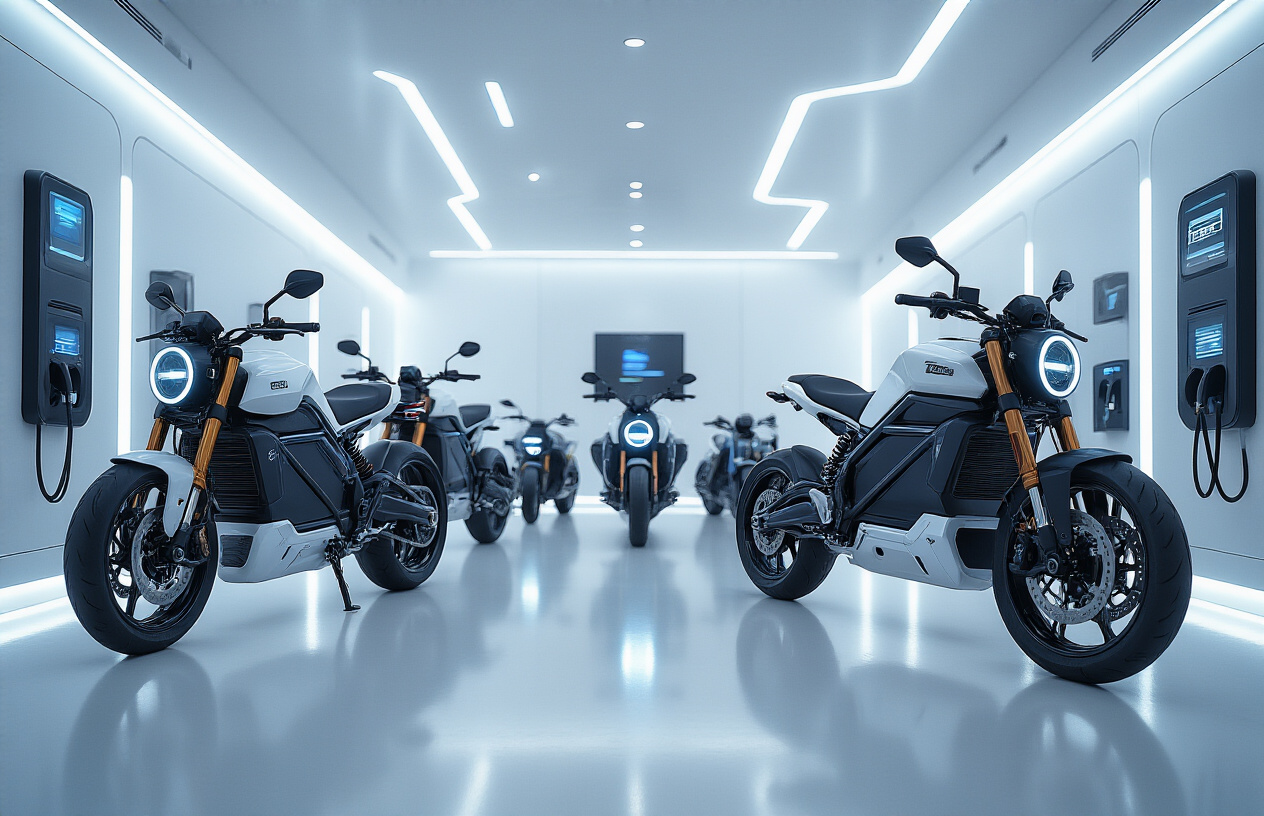 Create a realistic image of futuristic electric motorcycles displayed in a modern showroom with sleek LED lighting, featuring multiple contemporary electric bikes with clean designs, digital displays, and charging ports, set against a minimalist white background with soft ambient lighting and subtle blue accents representing electric technology, with chrome and carbon fiber details on the motorcycles, absolutely NO text should be in the scene.