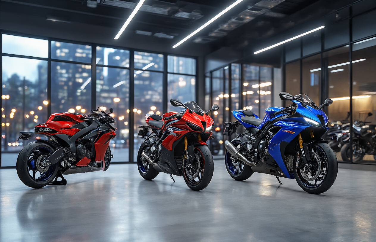 Create a realistic image of three modern sports motorcycles displayed in a premium showroom setting with sleek supersport bikes featuring aerodynamic fairings, aggressive styling, and vibrant color schemes including red, blue, and black, positioned on polished concrete floors under bright LED showroom lighting with glass windows in the background showing blurred city lights, creating a sophisticated automotive retail environment that emphasizes the premium nature of new motorcycle launches, absolutely NO text should be in the scene.