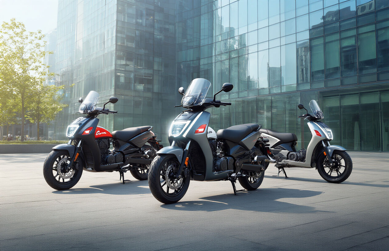 Create a realistic image of modern commuter motorcycles showcasing innovative technological features with LED headlights, digital instrument panels, and sleek aerodynamic designs parked in a contemporary urban setting with glass buildings and clean streets in the background, featuring bright daylight with professional photography lighting that highlights the advanced engineering and futuristic styling elements of these next-generation Indian commuter bikes. Absolutely NO text should be in the scene.