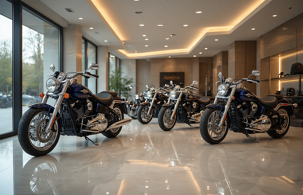 Create a realistic image of premium luxury motorcycles displayed in an upscale showroom with polished floors and modern lighting, featuring high-end bikes with chrome details, leather seats, and sleek designs arranged elegantly, professional showroom atmosphere with warm ambient lighting highlighting the motorcycles' premium features and finishes, clean modern background with glass panels and sophisticated interior design elements, absolutely NO text should be in the scene.