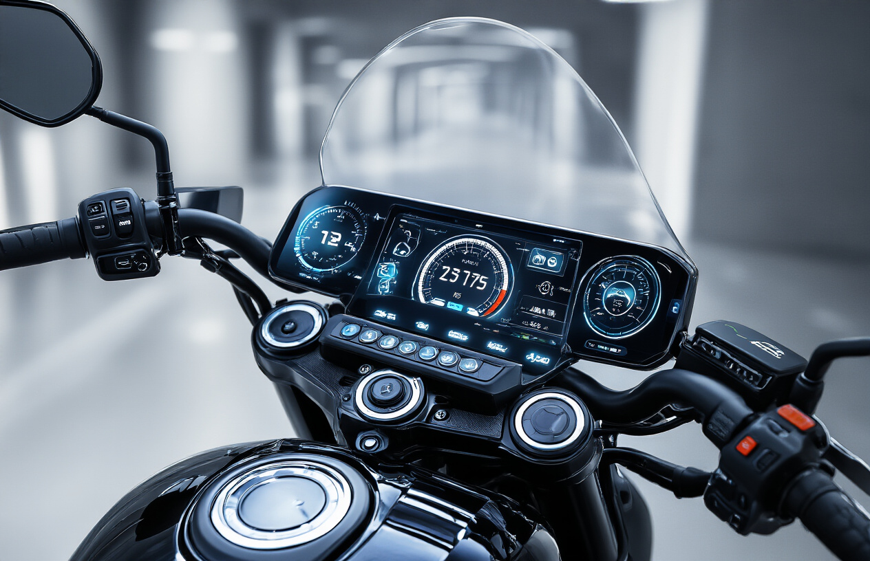Create a realistic image of a modern motorcycle dashboard displaying advanced digital interfaces with glowing LED screens, smart connectivity icons, GPS navigation system, smartphone integration display, futuristic gauges and meters, sleek black and silver color scheme, high-tech control panels with touch-sensitive buttons, ambient blue and white lighting effects, close-up view focusing on the technological features, clean studio lighting, absolutely NO text should be in the scene.