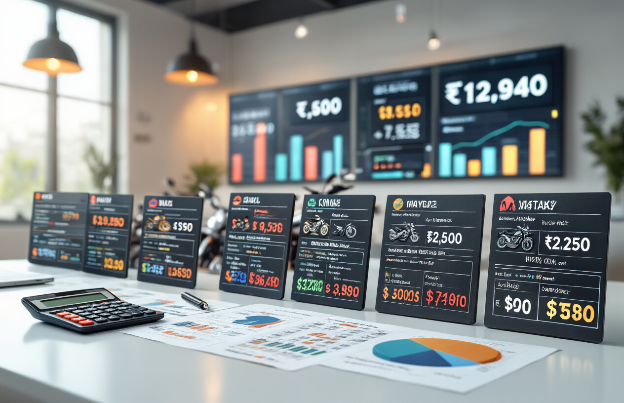 Create a realistic image of multiple motorcycle price tags and market positioning charts displayed on a clean white surface, featuring various Indian currency symbols and price ranges, with colorful bar graphs and pie charts showing market segments, calculator and financial documents scattered around, warm office lighting creating professional atmosphere, modern digital displays showing pricing analytics in the background, absolutely NO text should be in the scene.