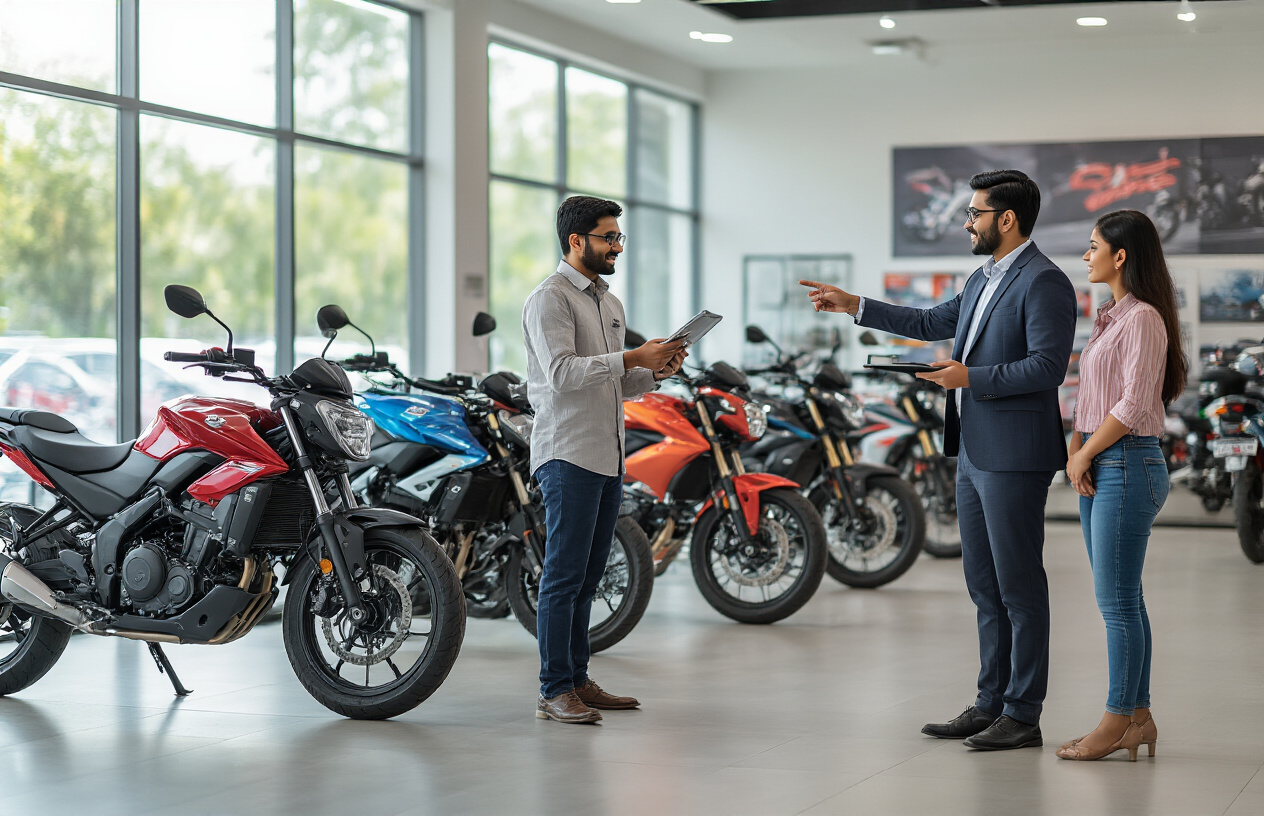 Create a realistic image of an Indian male consultant in a modern showroom pointing at different motorcycle models while explaining features to a young Indian couple, with colorful new bikes displayed in the background, bright showroom lighting, professional advisory atmosphere, the consultant holding a tablet or brochure, customers listening attentively and asking questions, clean modern dealership interior with glass windows, absolutely NO text should be in the scene.