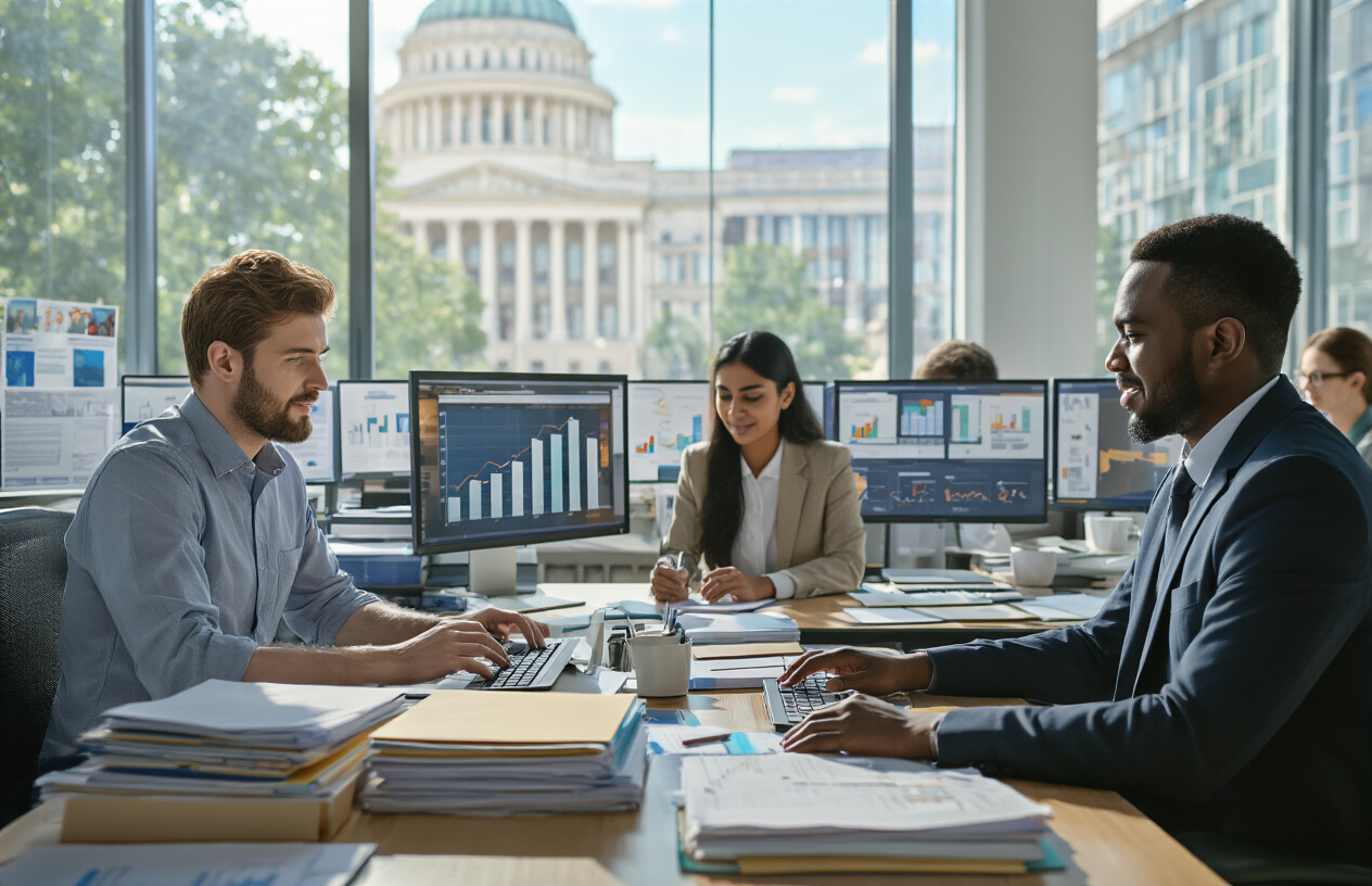 Create a realistic image of a modern office environment showing diverse professionals including white male, Indian female, and black male candidates sitting at computers and desks, with official government building visible through large windows in the background, stacks of application documents and folders on desks, people in business attire engaged in job application processes, bright natural lighting streaming through windows creating an optimistic atmosphere, charts and graphs displayed on wall screens showing upward growth trends, professional and hopeful mood conveying career opportunities and growth in government sector employment, Absolutely NO text should be in the scene.