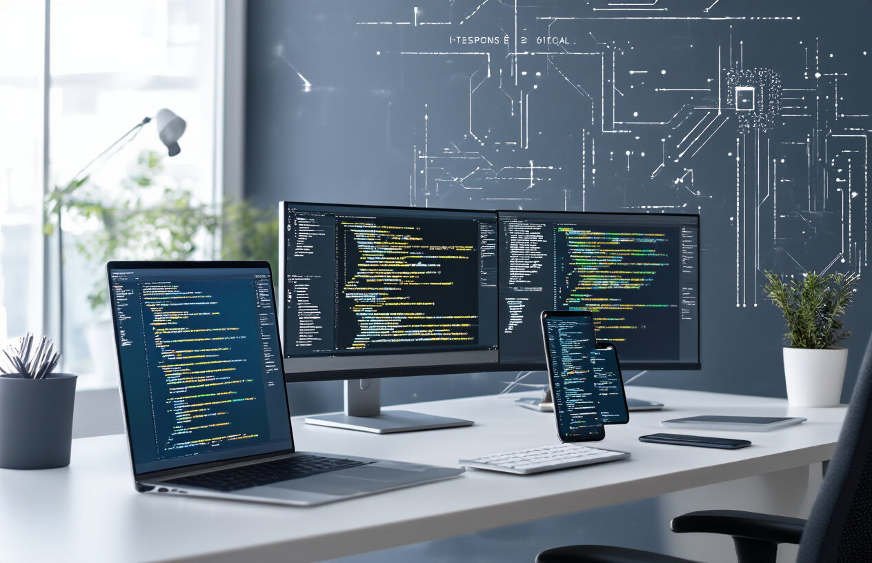 Create a realistic image of a modern office workspace showcasing IT and digital services with multiple computer monitors displaying code and digital interfaces, a sleek laptop, smartphone, and tablet arranged on a contemporary desk, with soft natural lighting from a window, professional atmosphere suggesting high-paying contract positions in technology sector, clean minimalist background with subtle tech elements like circuit board patterns or digital graphics, absolutely NO text should be in the scene.