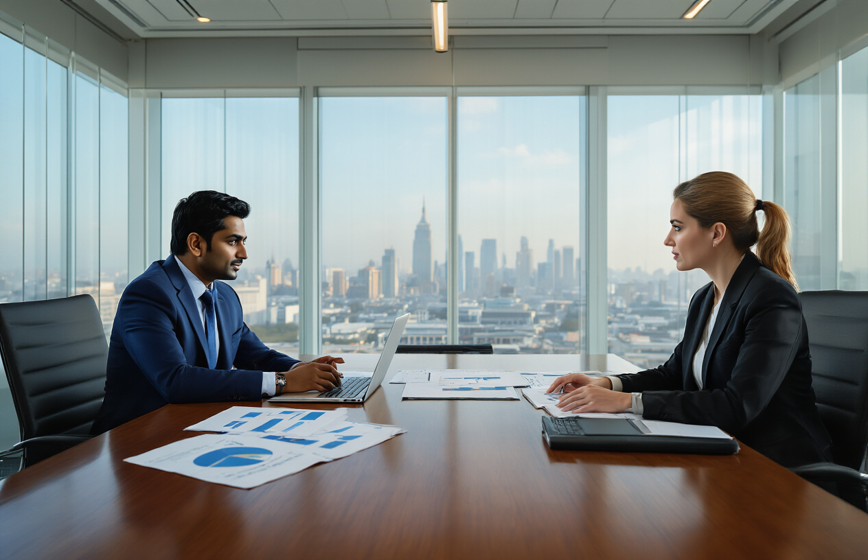 Create a realistic image of an Indian male consultant in a formal dark blue suit sitting across from a white female government official at a polished wooden conference table, with laptops, documents, and charts spread between them, in a modern government office setting with glass windows showing a city skyline in the background, professional lighting illuminating the scene suggesting a high-level advisory meeting, absolutely NO text should be in the scene.