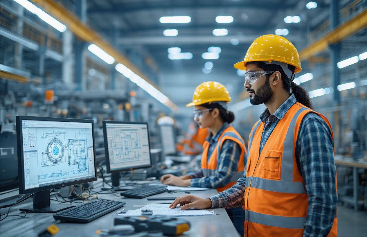Create a realistic image of Indian male and female engineers wearing hard hats and safety vests working on advanced technical equipment and machinery in a modern industrial facility, with computer workstations showing technical blueprints, sophisticated engineering tools and instruments scattered on workbenches, steel structural frameworks and high-tech manufacturing equipment in the background, bright industrial lighting creating a professional atmosphere, conveying premium technical services and engineering excellence, absolutely NO text should be in the scene.