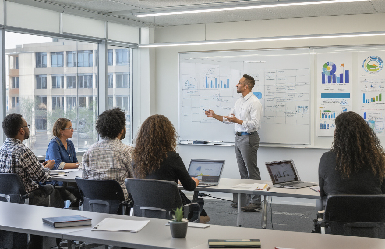 Create a realistic image of a modern training classroom with diverse professionals including a white male instructor at a whiteboard explaining capacity building concepts to seated trainees of mixed ethnicities and genders, featuring laptops on desks, professional development charts on walls, bright fluorescent lighting, and a corporate training atmosphere with government building visible through windows in the background, absolutely NO text should be in the scene.