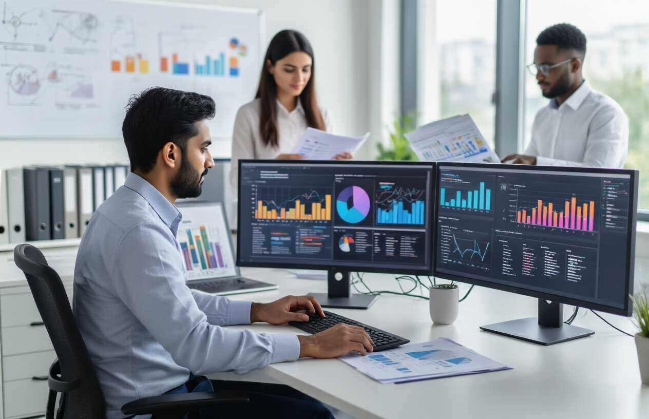 Create a realistic image of a modern office environment focused on research and analytics work, featuring a South Asian male data analyst in business casual attire sitting at a desk with dual computer monitors displaying colorful charts, graphs, and data visualizations, surrounded by a white female colleague reviewing printed reports and a black male researcher working on a laptop, with a clean contemporary workspace background including whiteboards with statistical diagrams, filing cabinets, and large windows providing natural lighting, conveying a professional and analytical atmosphere, absolutely NO text should be in the scene.