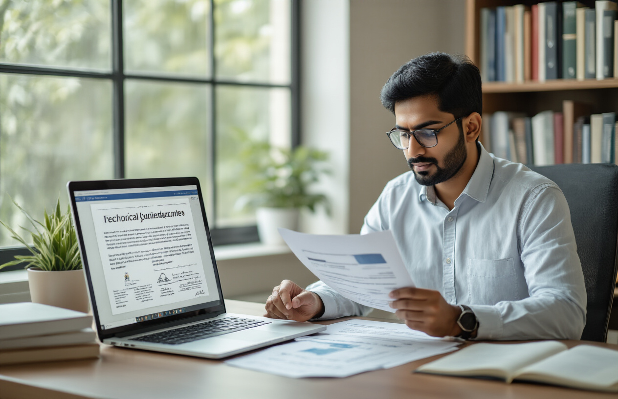 Create a realistic image of a professional Indian male sitting at a modern desk reviewing documents and certificates spread out before him, with a laptop open showing educational qualifications on screen, a bookshelf filled with technical manuals and skill development books in the background, soft natural lighting from a window, conveying focus and preparation for government contract employment opportunities, Absolutely NO text should be in the scene.