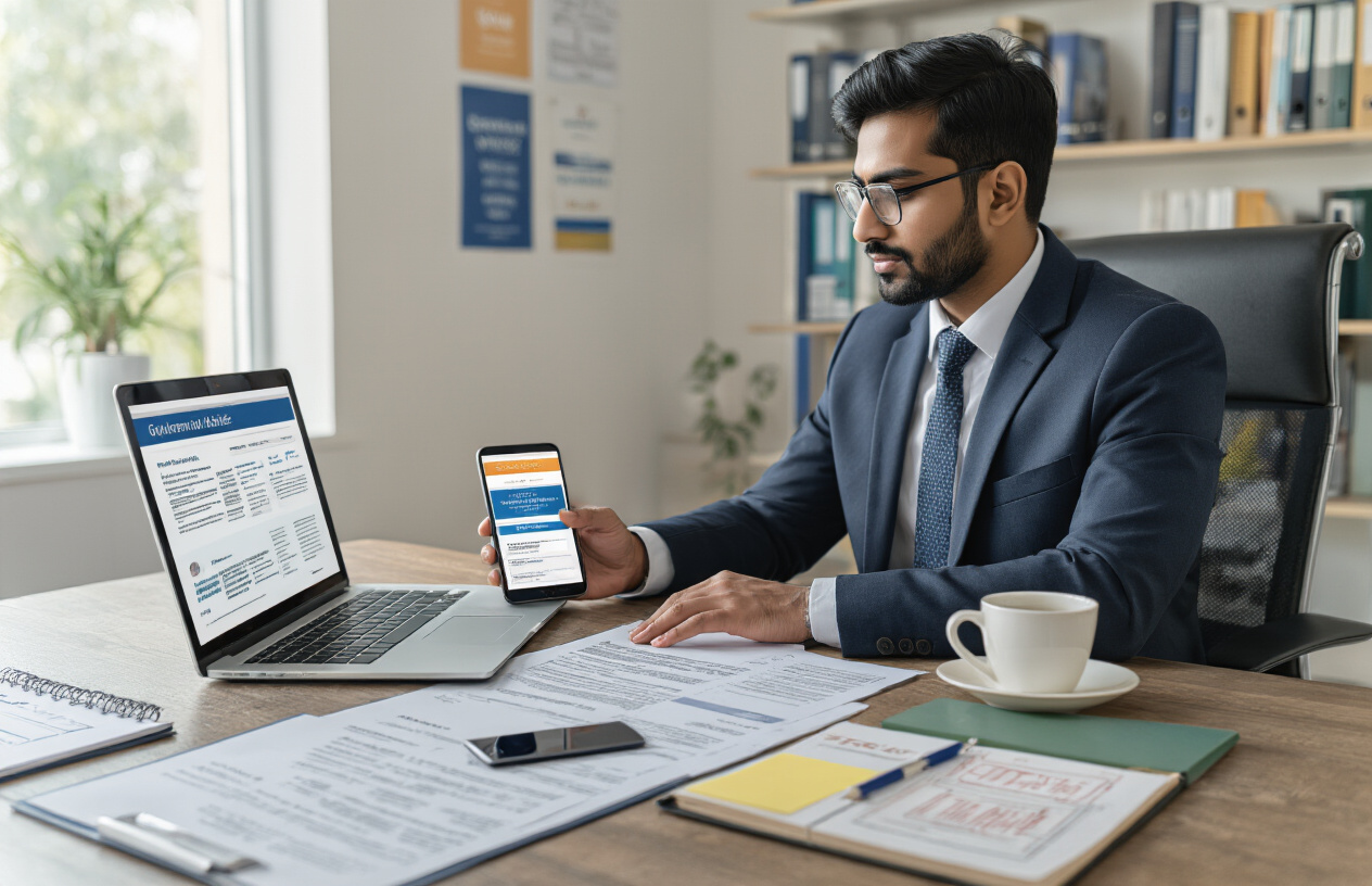 Create a realistic image of an Indian male professional in formal business attire sitting at a modern desk, actively working on a laptop computer with documents and application forms spread around, a smartphone displaying government website pages nearby, organized folders labeled with government department names, a notepad with handwritten strategy notes, and a coffee cup, all set in a well-lit contemporary office environment with motivational posters on the wall and a bookshelf containing career guidance books, conveying a focused and determined atmosphere for job application preparation, absolutely NO text should be in the scene.