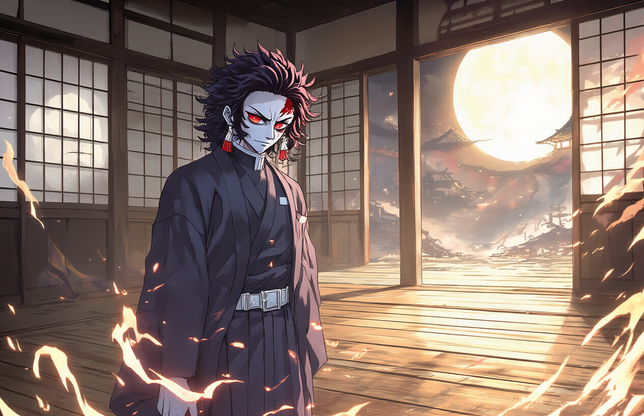 Create a realistic image of Muzan Kibutsuji, the main antagonist from Demon Slayer anime, depicted as a pale-skinned Japanese male with dark curly hair and sharp red eyes, wearing a formal dark suit, standing in a dimly lit traditional Japanese room with wooden floors and paper screens, surrounded by subtle demonic aura effects and shadows that emphasize his ancient and powerful nature, with moonlight filtering through the windows creating dramatic lighting that highlights his intimidating presence, absolutely NO text should be in the scene.