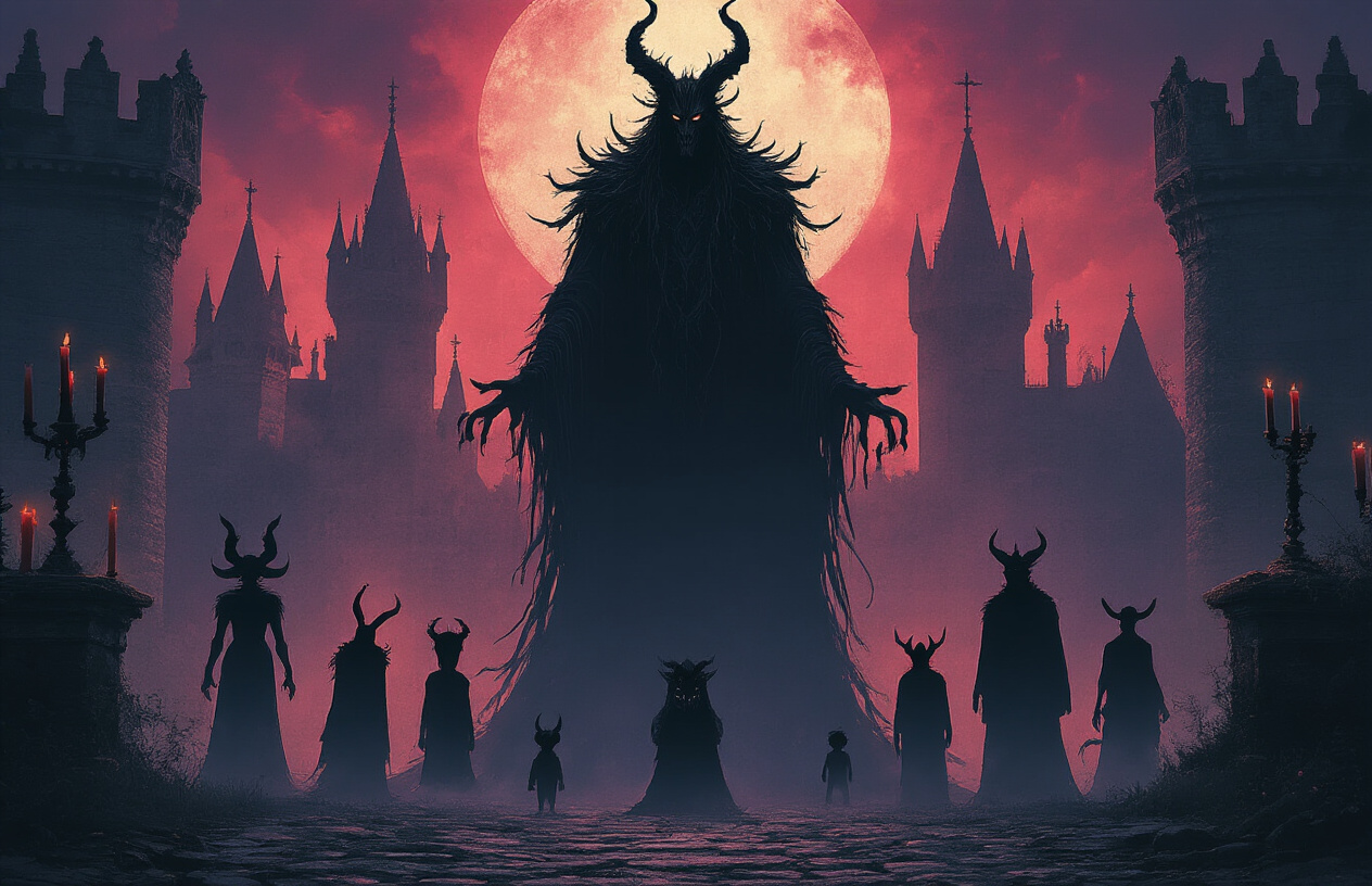 Create a realistic image of a dark gothic comparison chart or visual timeline showing silhouettes of different demonic figures of varying heights and appearances, with the tallest central figure representing an ancient powerful demon lord surrounded by smaller demon silhouettes, set against a shadowy medieval castle backdrop with dim candlelight illumination, featuring ornate gothic architectural elements and mystical purple and red atmospheric lighting, absolutely NO text should be in the scene.