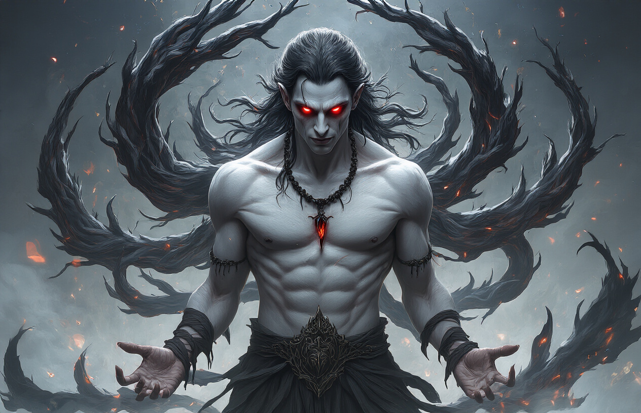 Create a realistic image of a powerful supernatural being with pale skin and dark hair surrounded by swirling dark energy and mystical auras, displaying enhanced physical abilities through floating or levitating pose, with glowing red eyes suggesting immortal power, set against a dark atmospheric background with subtle supernatural lighting effects, emphasizing the connection between age and supernatural strength, absolutely NO text should be in the scene.
