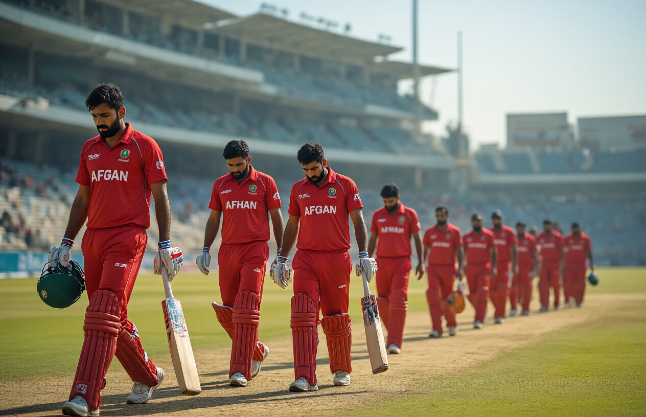 Create a realistic image of dejected Afghan cricket players in red team jerseys walking off a cricket field with their heads down and cricket equipment in their hands, showing disappointment after elimination, with a cricket stadium in the background under bright daylight, capturing the somber mood of tournament exit, with diverse South Asian male players displaying various emotions of disappointment and frustration, and empty stadium seats visible in the blurred background suggesting the end of their campaign, absolutely NO text should be in the scene.
