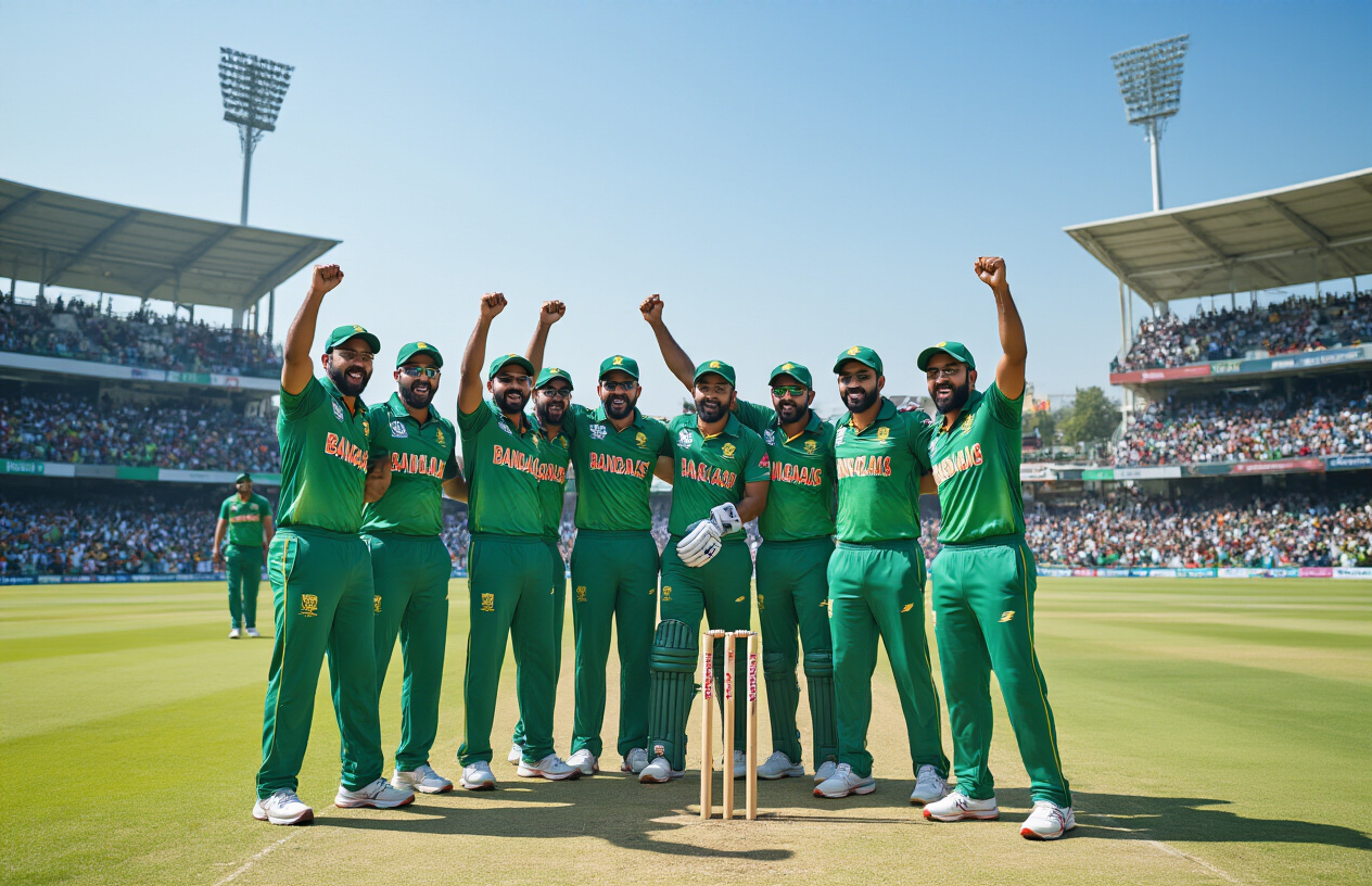Create a realistic image of Bangladesh cricket team players in green jerseys celebrating on a cricket field with raised fists and joyful expressions, cricket stadium with cheering crowd in background, bright daylight with clear blue sky, cricket pitch with stumps visible, team members of South Asian descent both male showing excitement and triumph, dynamic action scene capturing the moment of qualification achievement, vibrant green grass and professional cricket ground setting, absolutely NO text should be in the scene.